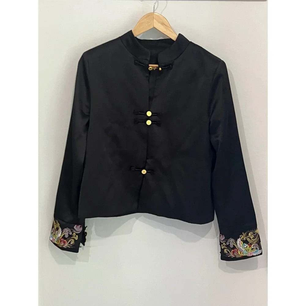 Vintage Y2K Embroidered Moto Jacket Black Silky Cropped 90s Phoenix